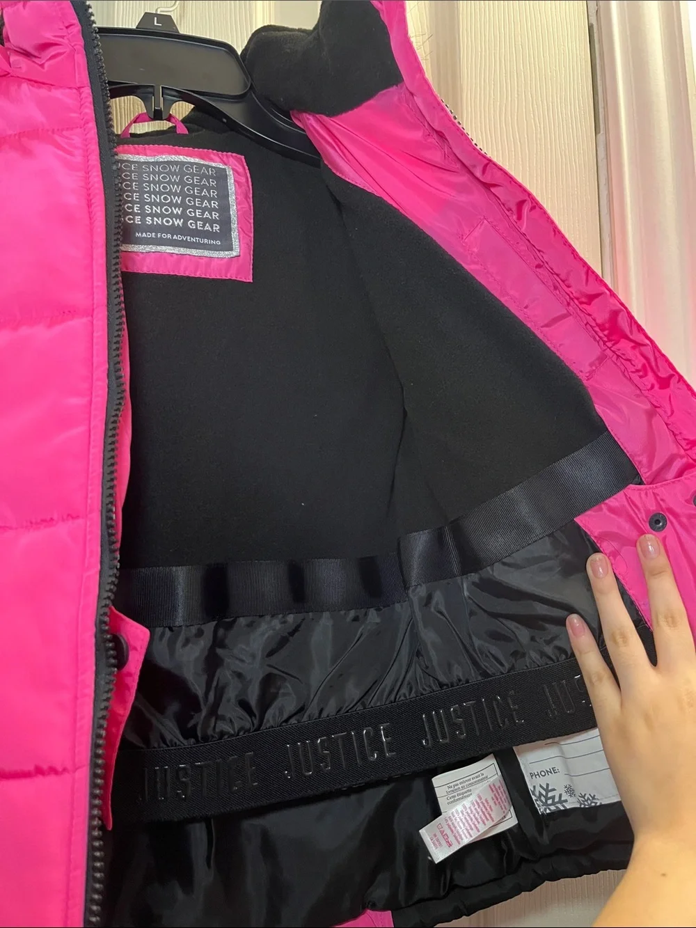 Justice Hot Pink and Black Girls' Puffer Jacket with Removable Faux Fur Trim